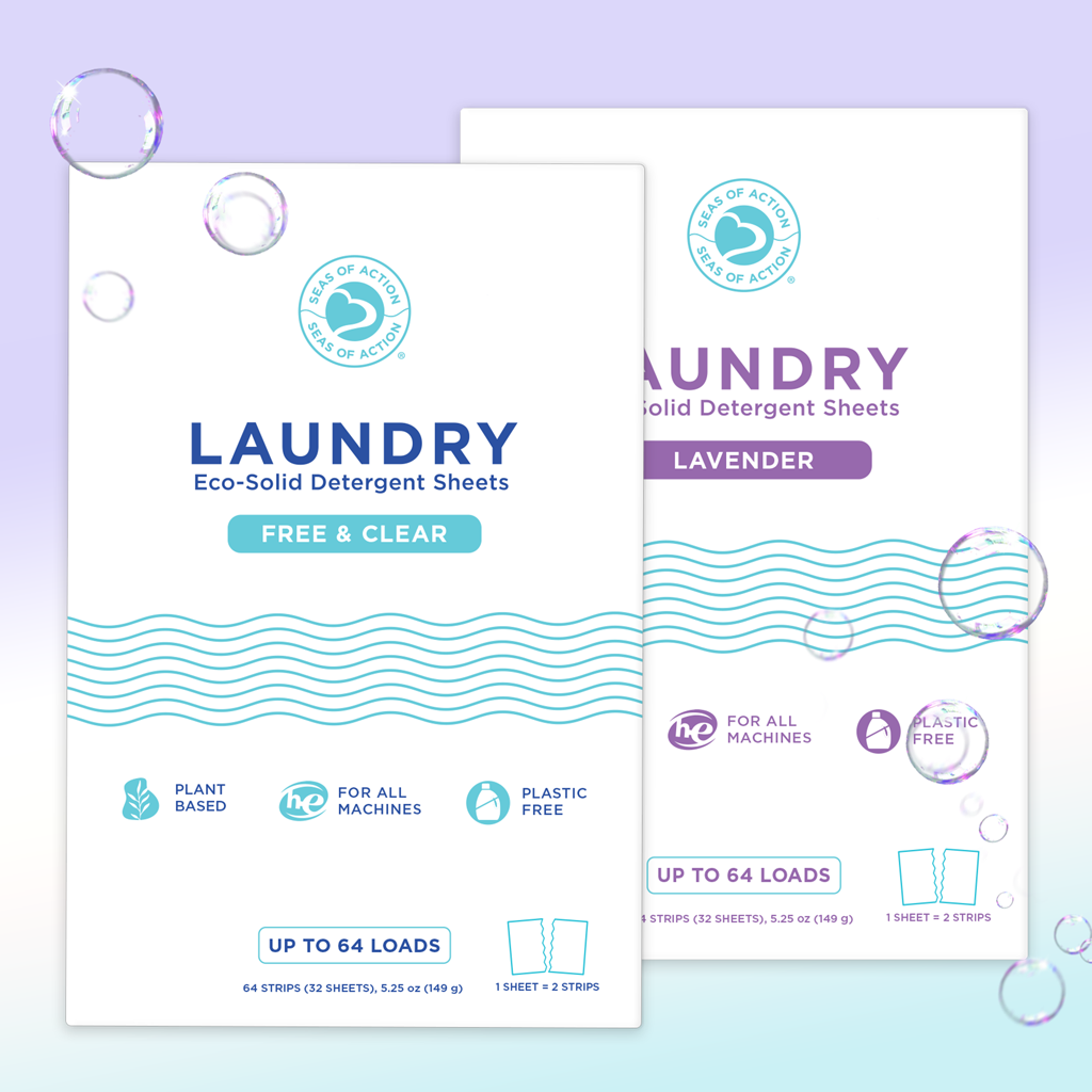 Two packs of Seas of Action laundry detergent sheets with soap bubbles around