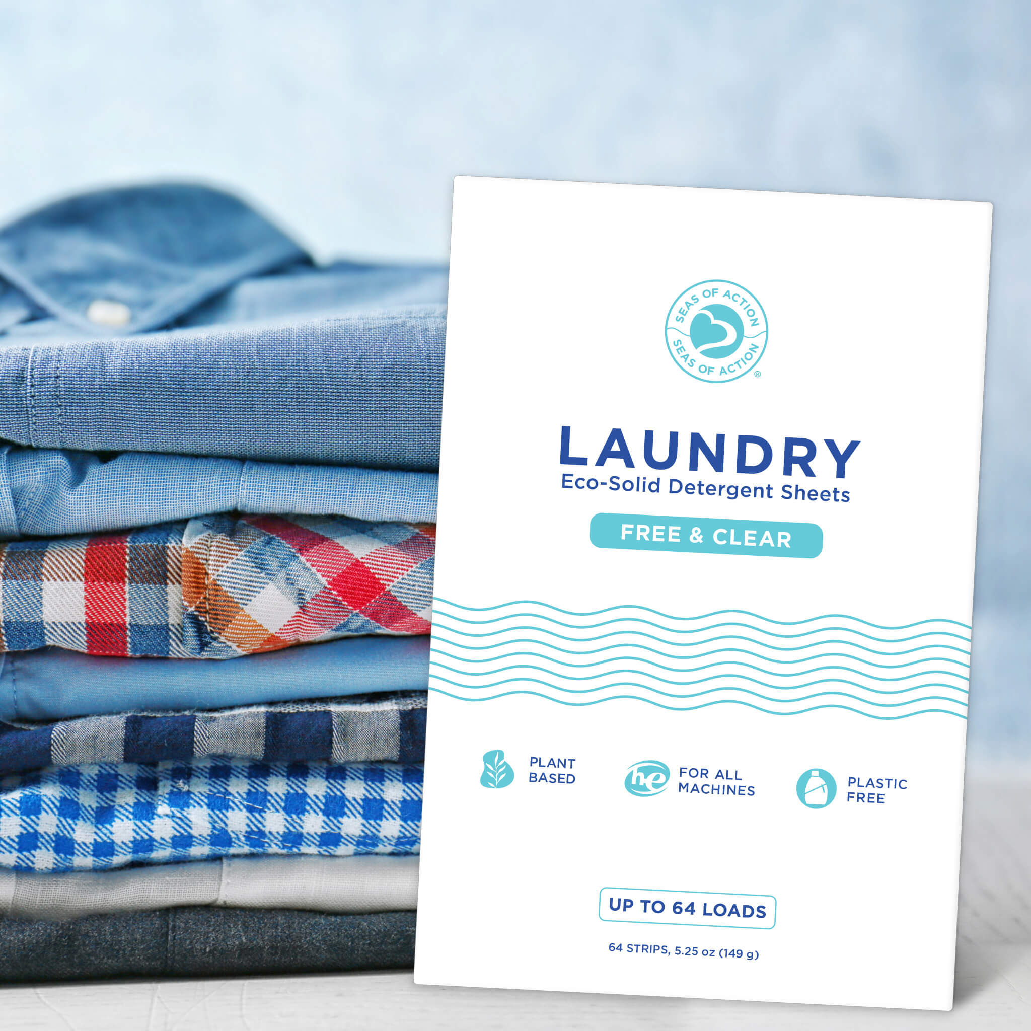 Folded shirts with a pack of laundry detergent sheets next to it.