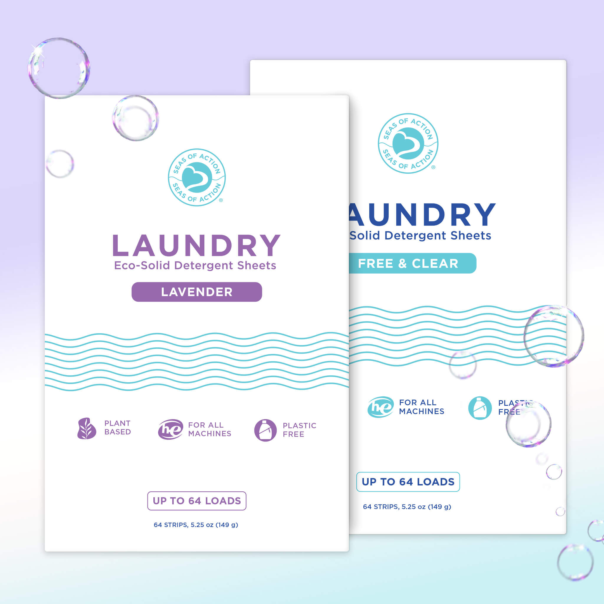 Two packs of laundry detergent sheets with soap bubbles on top