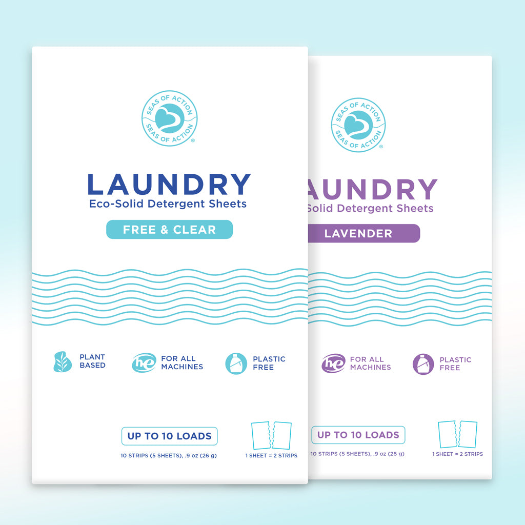 Two packages of Seas of Action laundry detergent sheets on a light blue background.