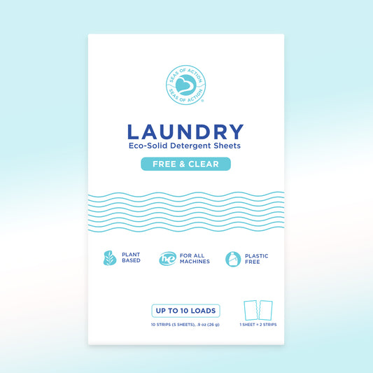 Seas of Action laundry detergent sheets packaging for free and clear scent on a light blue background