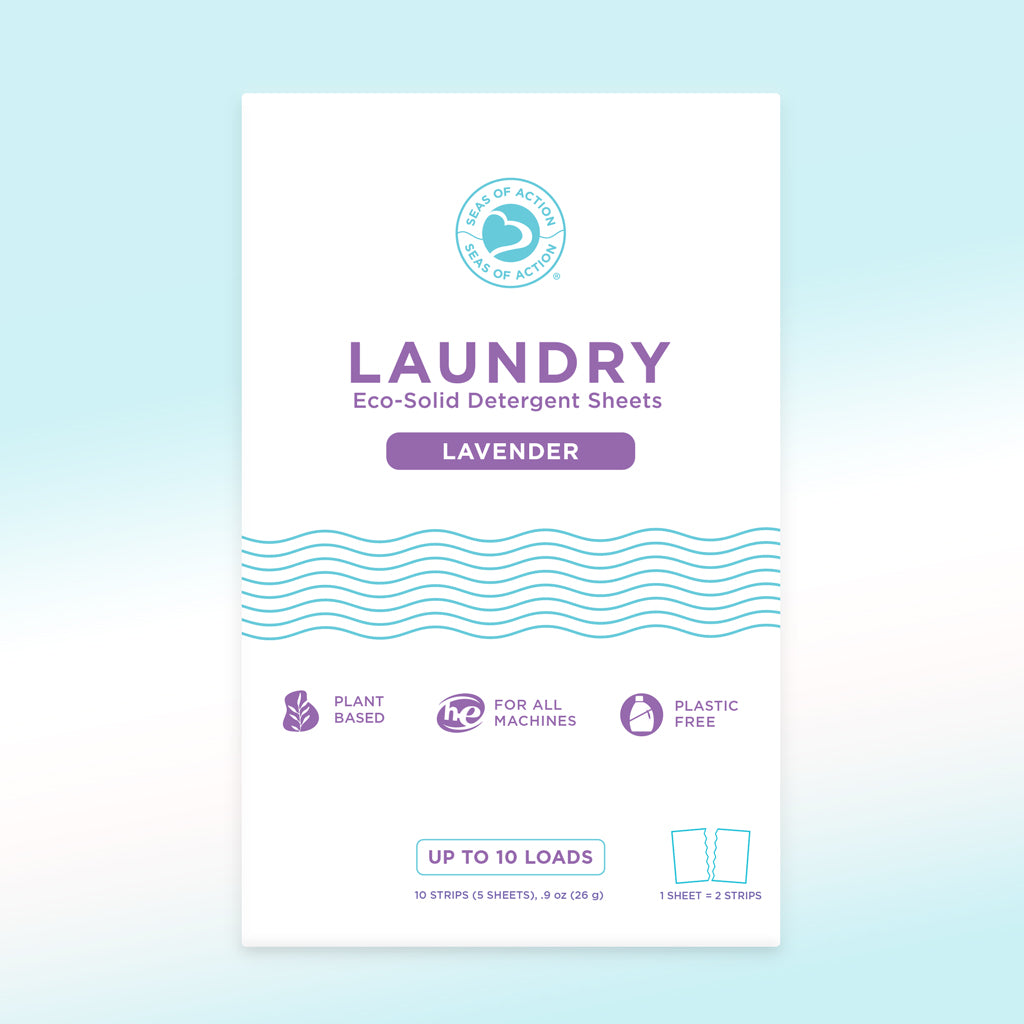 Seas of Action laundry detergent sheets packaging for lavender scent on a light blue background