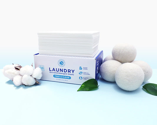 Seas of Action eco-solid laundry detergent sheets in Free & Clear, up to 128 loads and five wool dryer balls